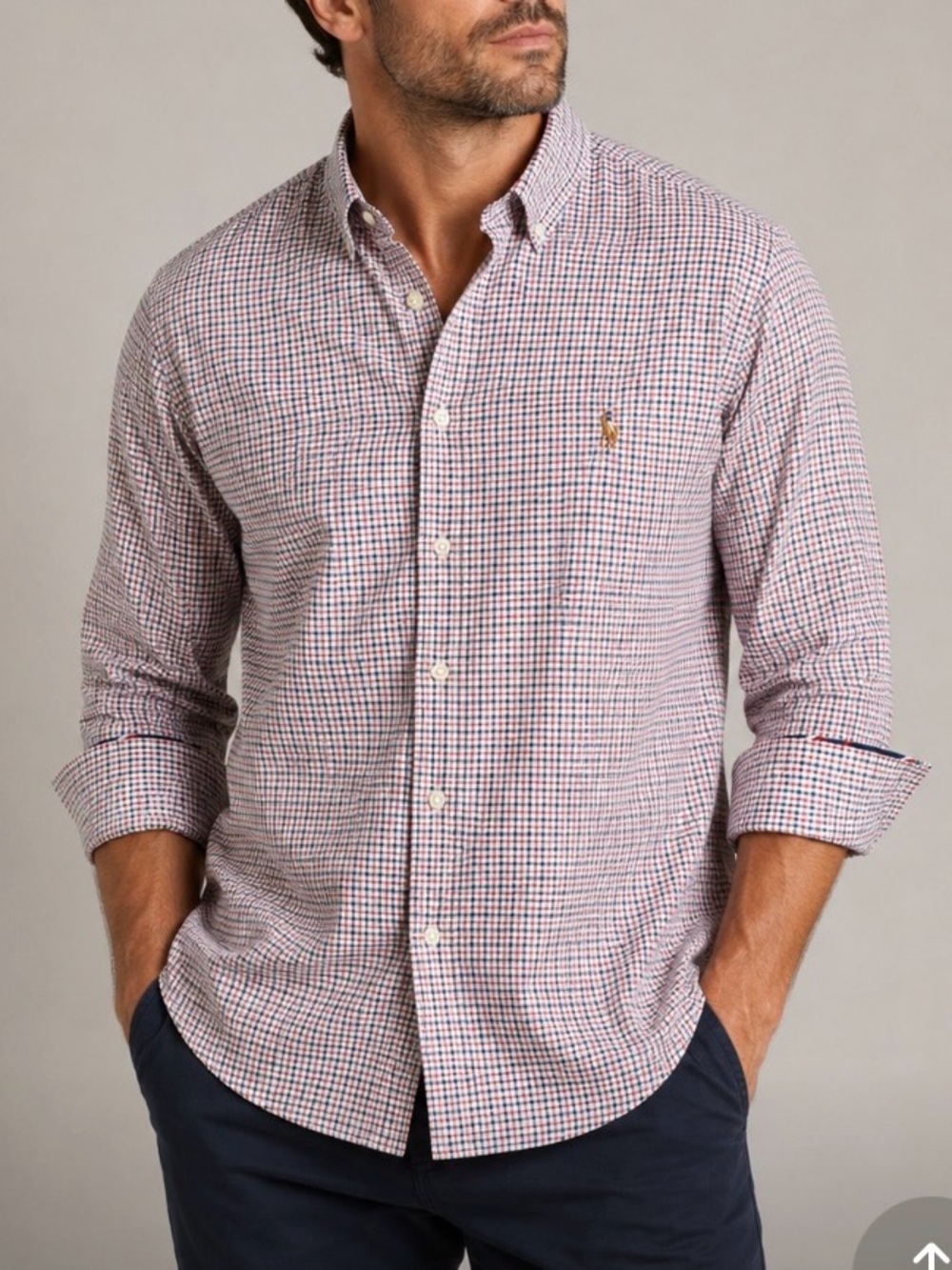 Ralph Lauren Red and Navy Micro-Check Button-Down Polo Logo Dress Shirt Large